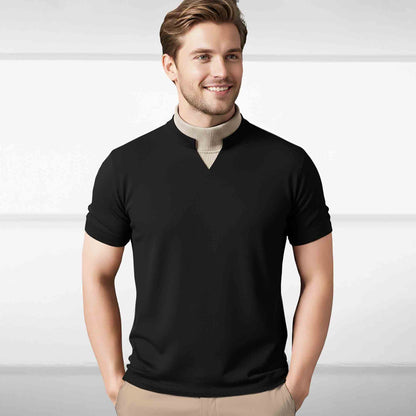 Men Mock Neck Contrast T-Shirt, Black Beige