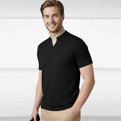 Men Mock Neck Contrast T-Shirt, Black Beige