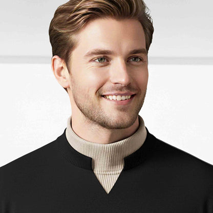 Men Mock Neck Contrast T-Shirt, Black Beige