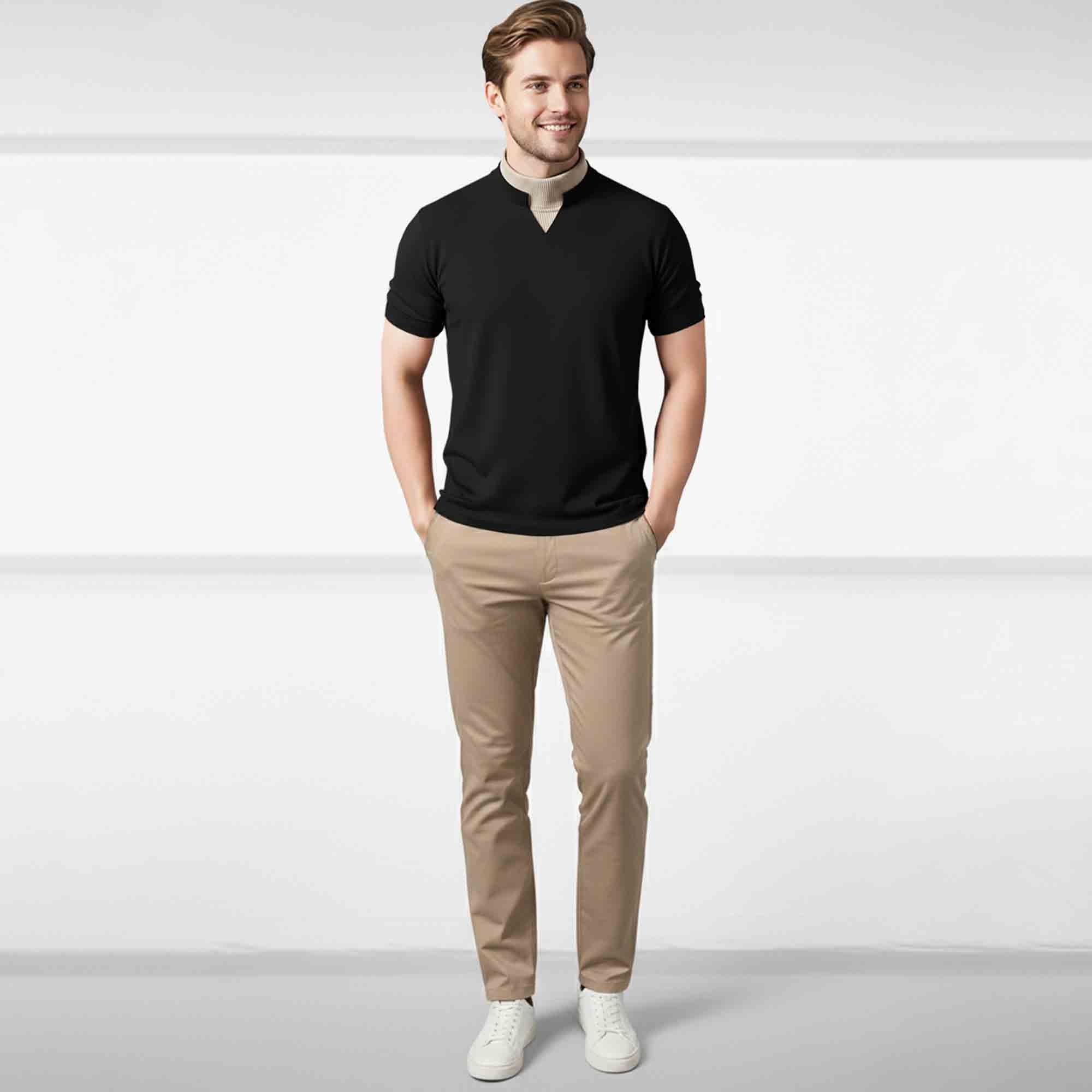 Men Mock Neck Contrast T-Shirt, Black Beige