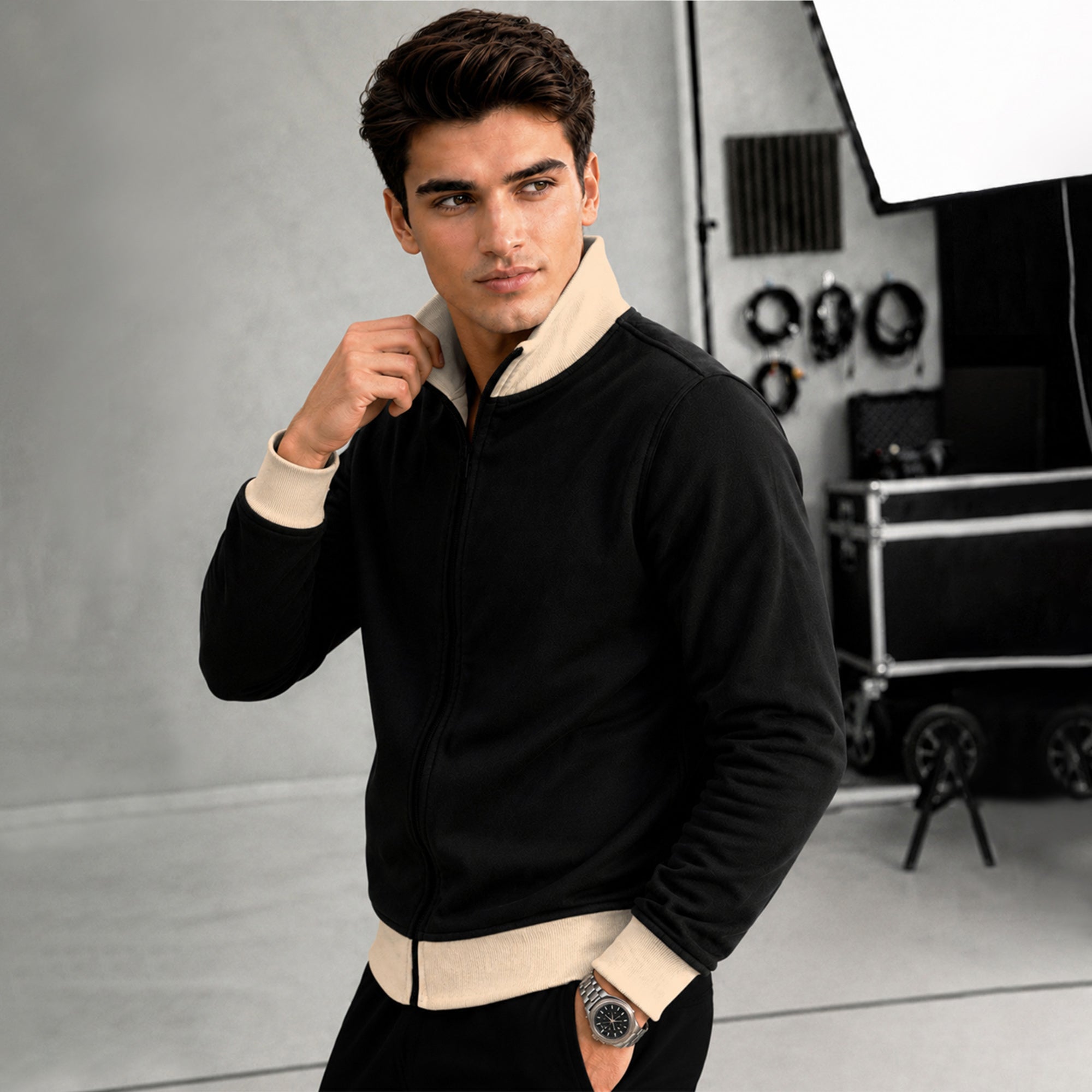 High Neck Color Blocked Winter Jacket Black