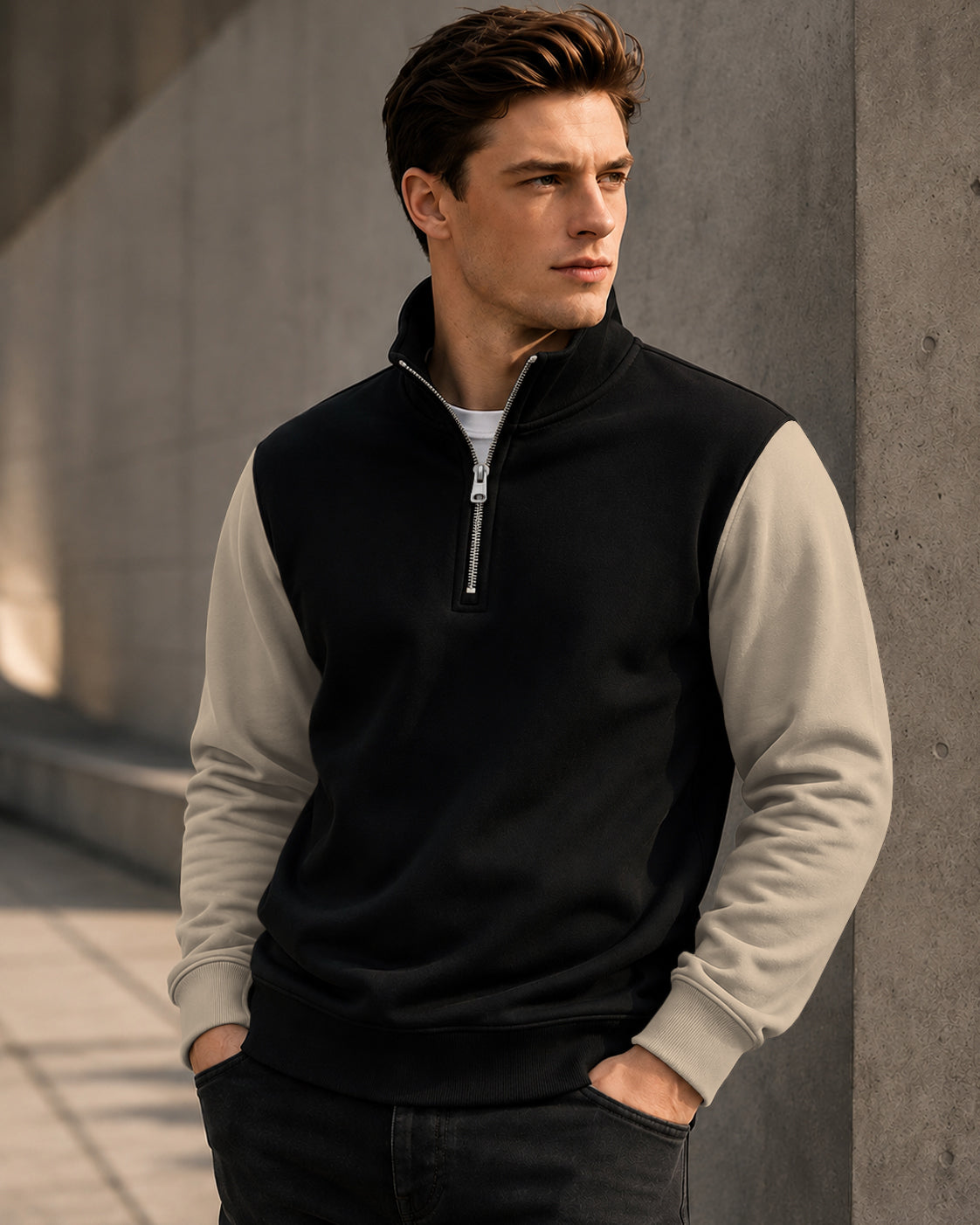 Colorblocked Quarter Zip Neck Full Sleeve Sweatshirt Black