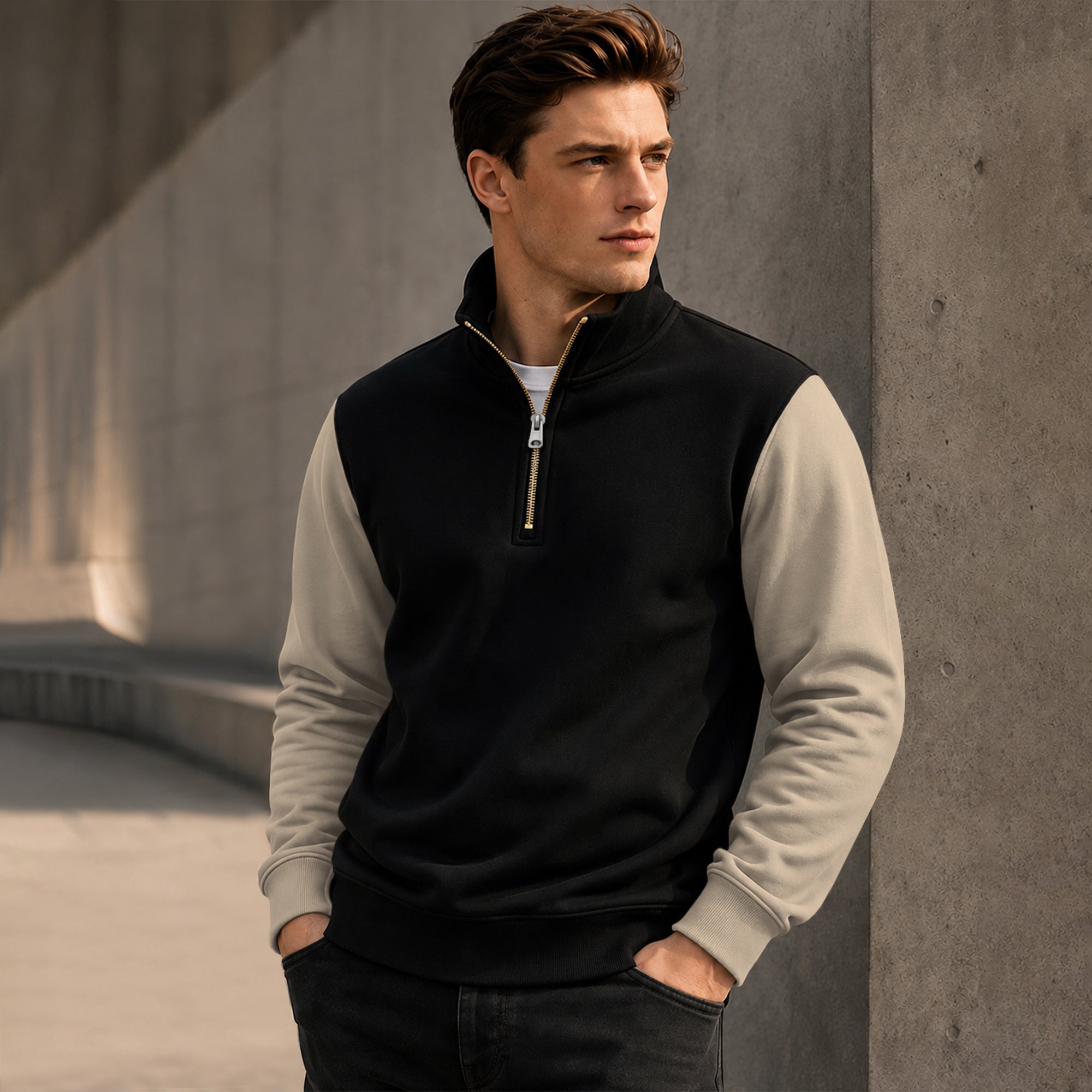 Colorblocked Quarter Zip Neck Full Sleeve Sweatshirt Black
