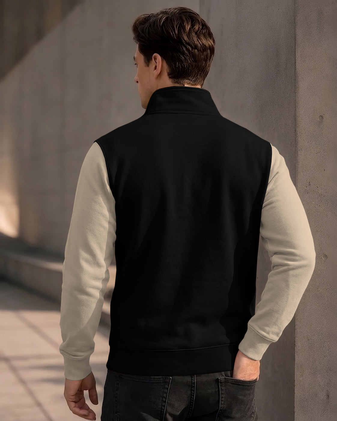 Colorblocked Quarter Zip Neck Full Sleeve Sweatshirt Black