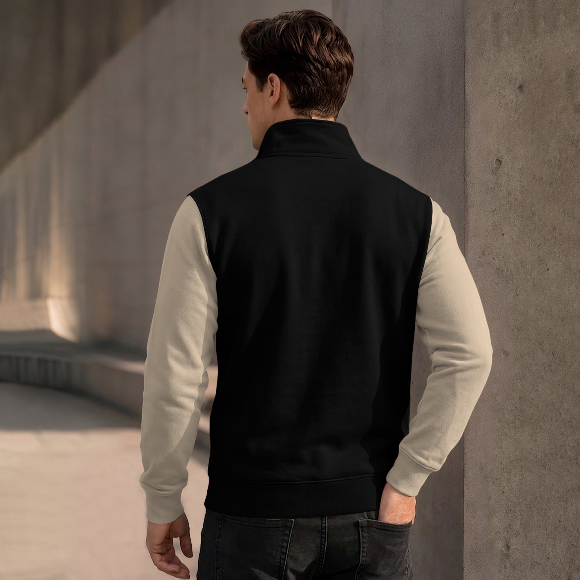 Colorblocked Quarter Zip Neck Full Sleeve Sweatshirt Black