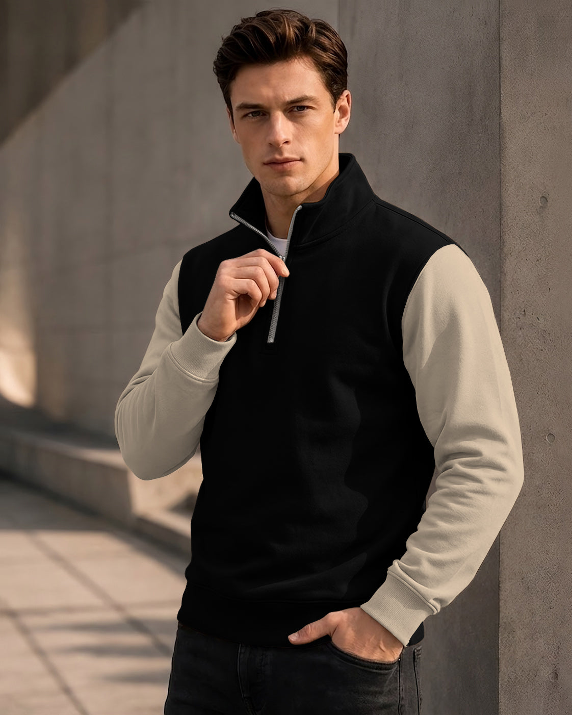 Colorblocked Quarter Zip Neck Full Sleeve Sweatshirt Black