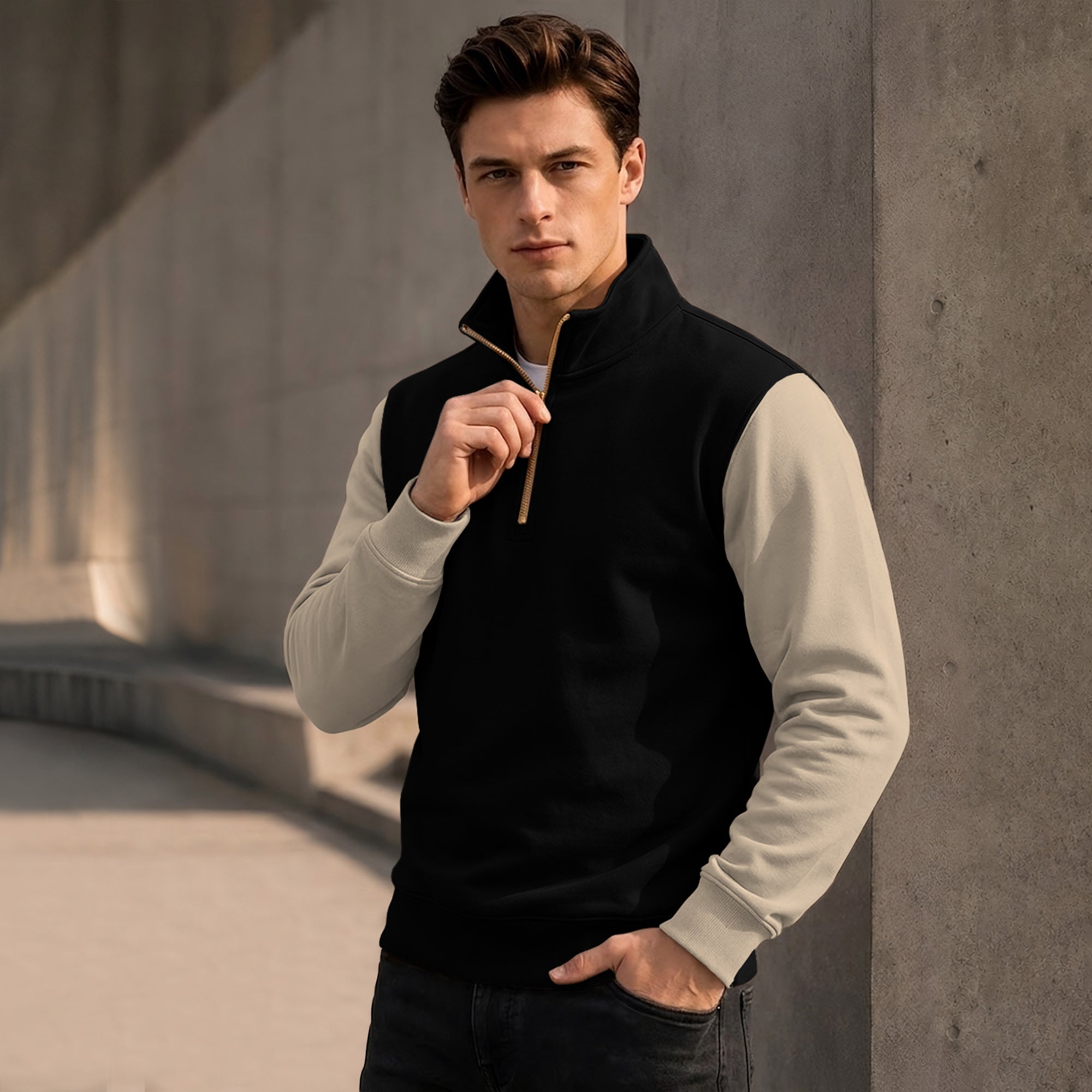 Colorblocked Quarter Zip Neck Full Sleeve Sweatshirt Black