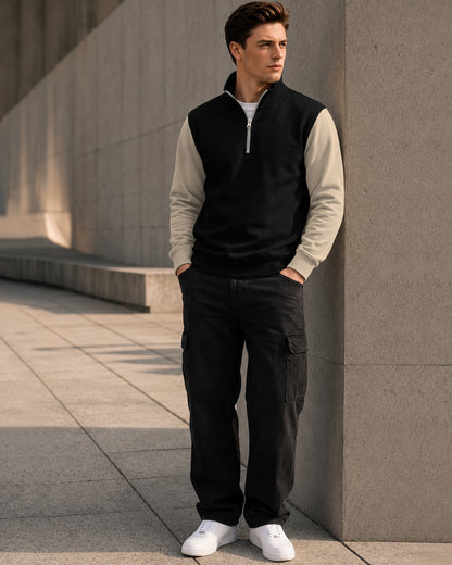 Colorblocked Quarter Zip Neck Full Sleeve Sweatshirt Black