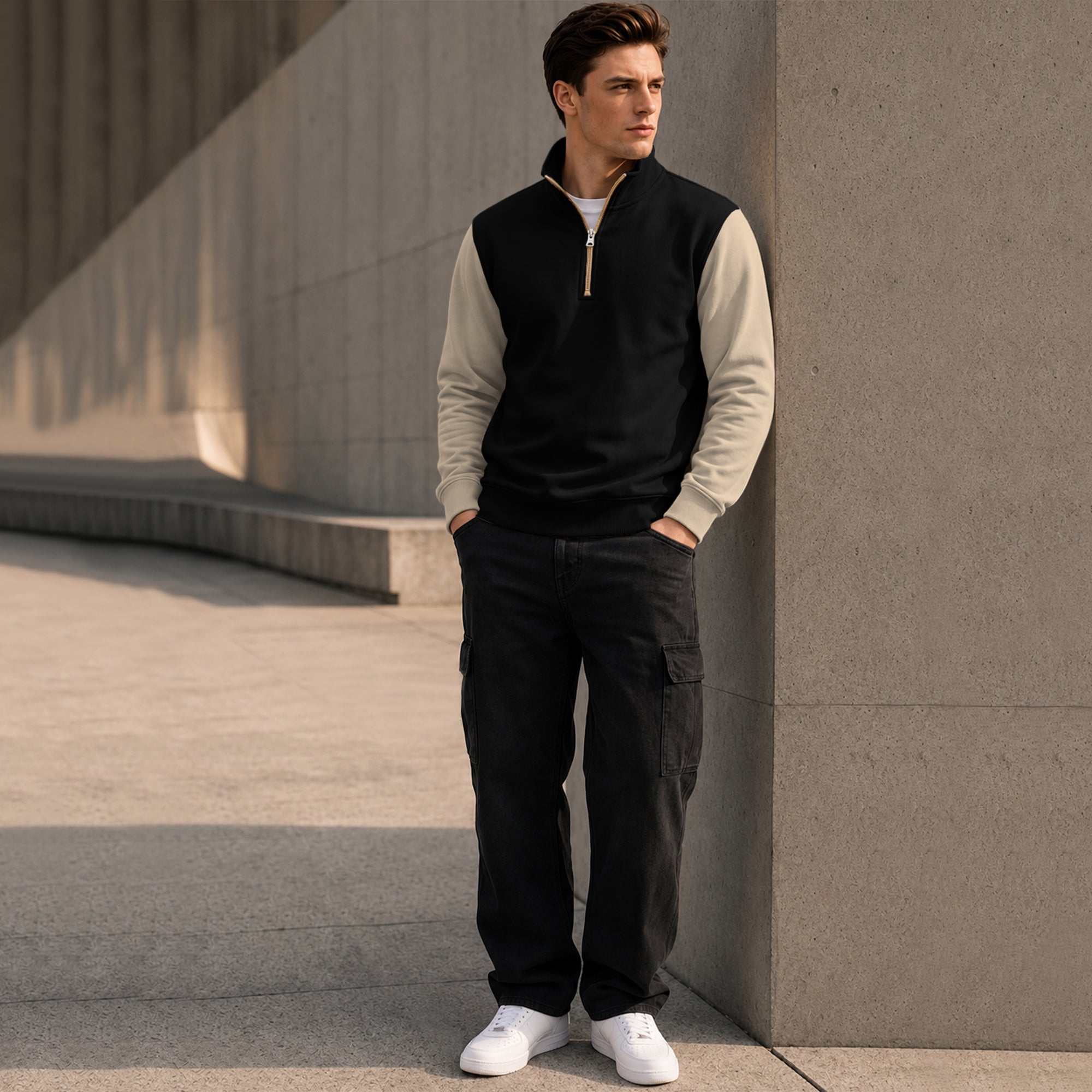 Colorblocked Quarter Zip Neck Full Sleeve Sweatshirt Black