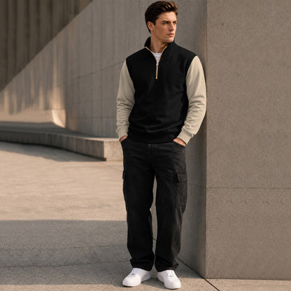 Colorblocked Quarter Zip Neck Full Sleeve Sweatshirt Black