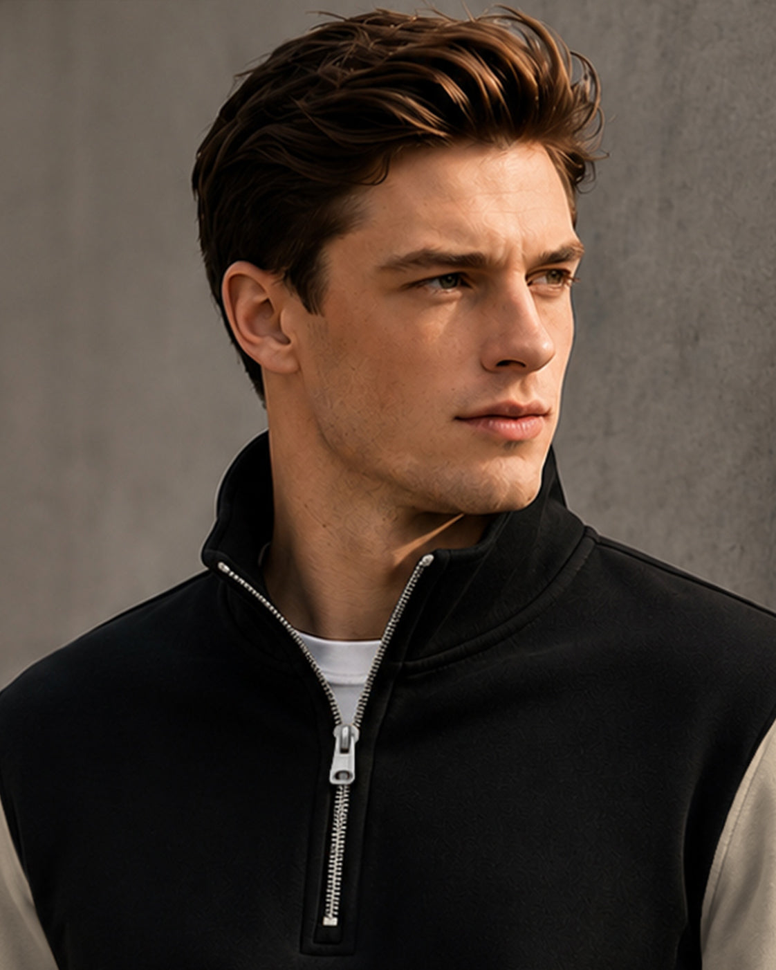 Colorblocked Quarter Zip Neck Full Sleeve Sweatshirt Black