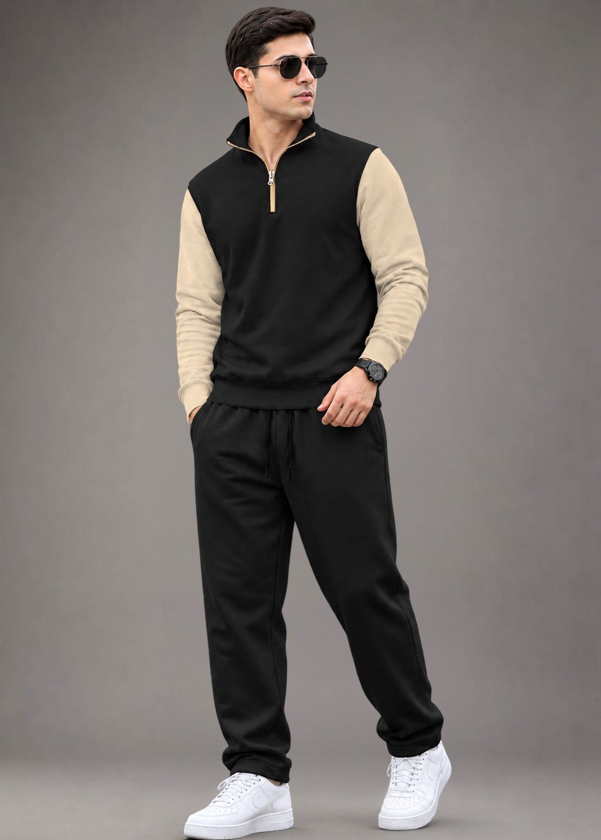 Outfit Set Men Coloblock Sweatshirt & Loose Fit Plain Trackpant