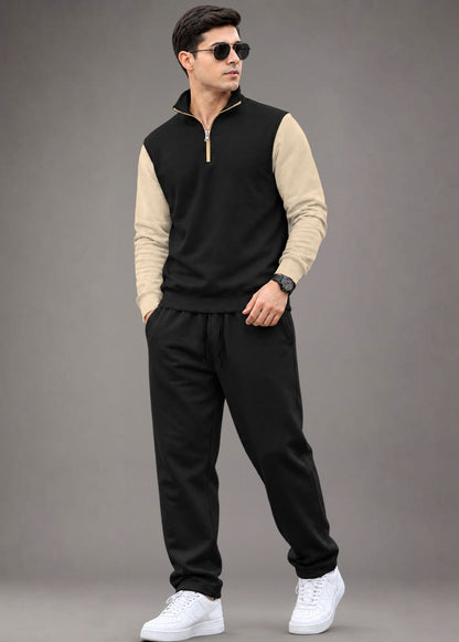 Outfit Set Men Coloblock Sweatshirt & Loose Fit Plain Trackpant