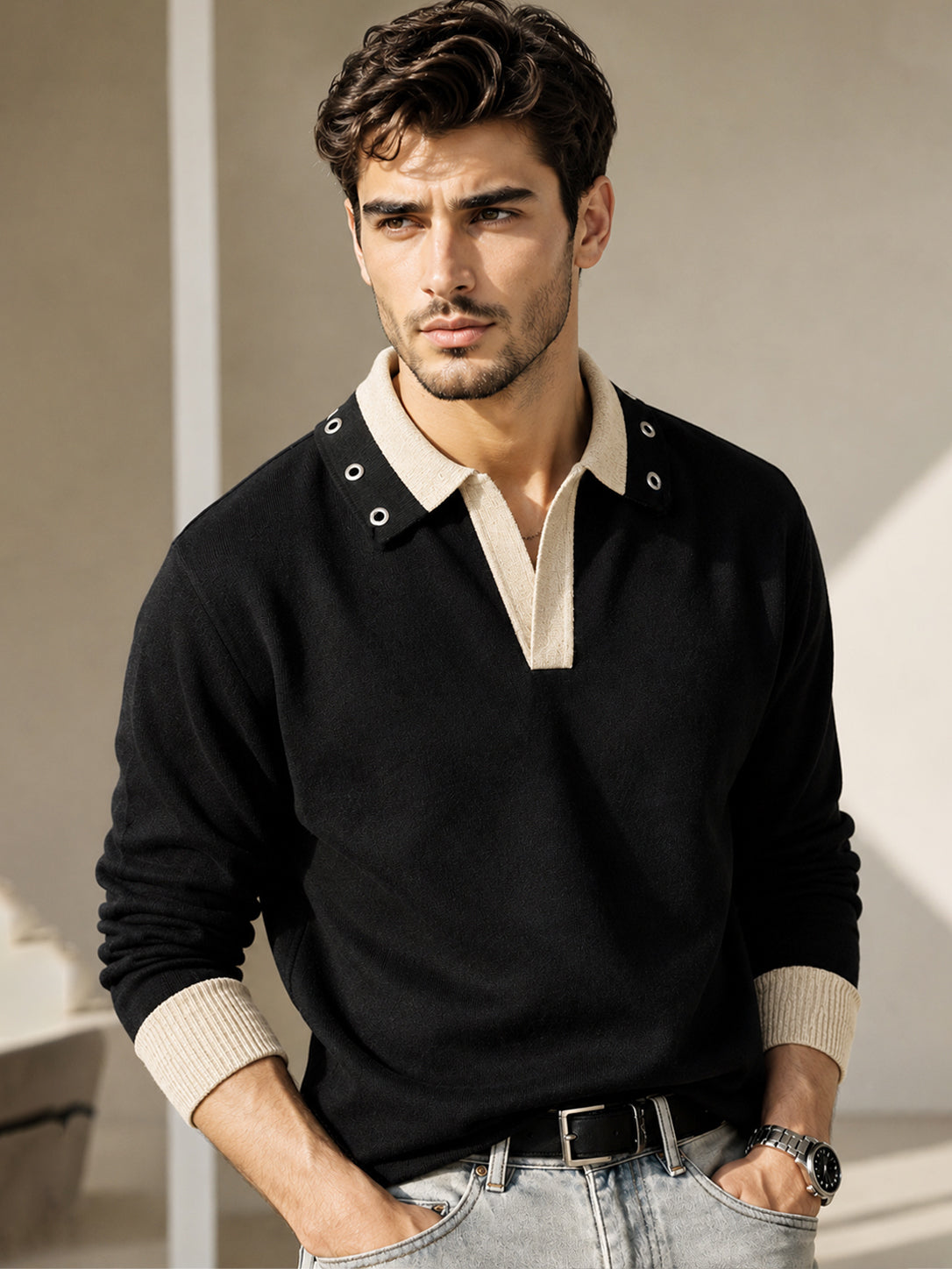 Mens Coloblocked Full Sleeve Polo Sweatshirt Black