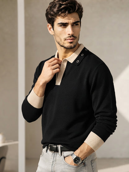 Mens Coloblocked Full Sleeve Polo Sweatshirt Black