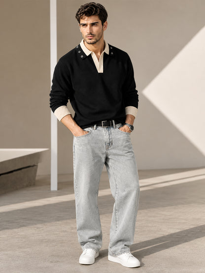 Mens Coloblocked Full Sleeve Polo Sweatshirt Black