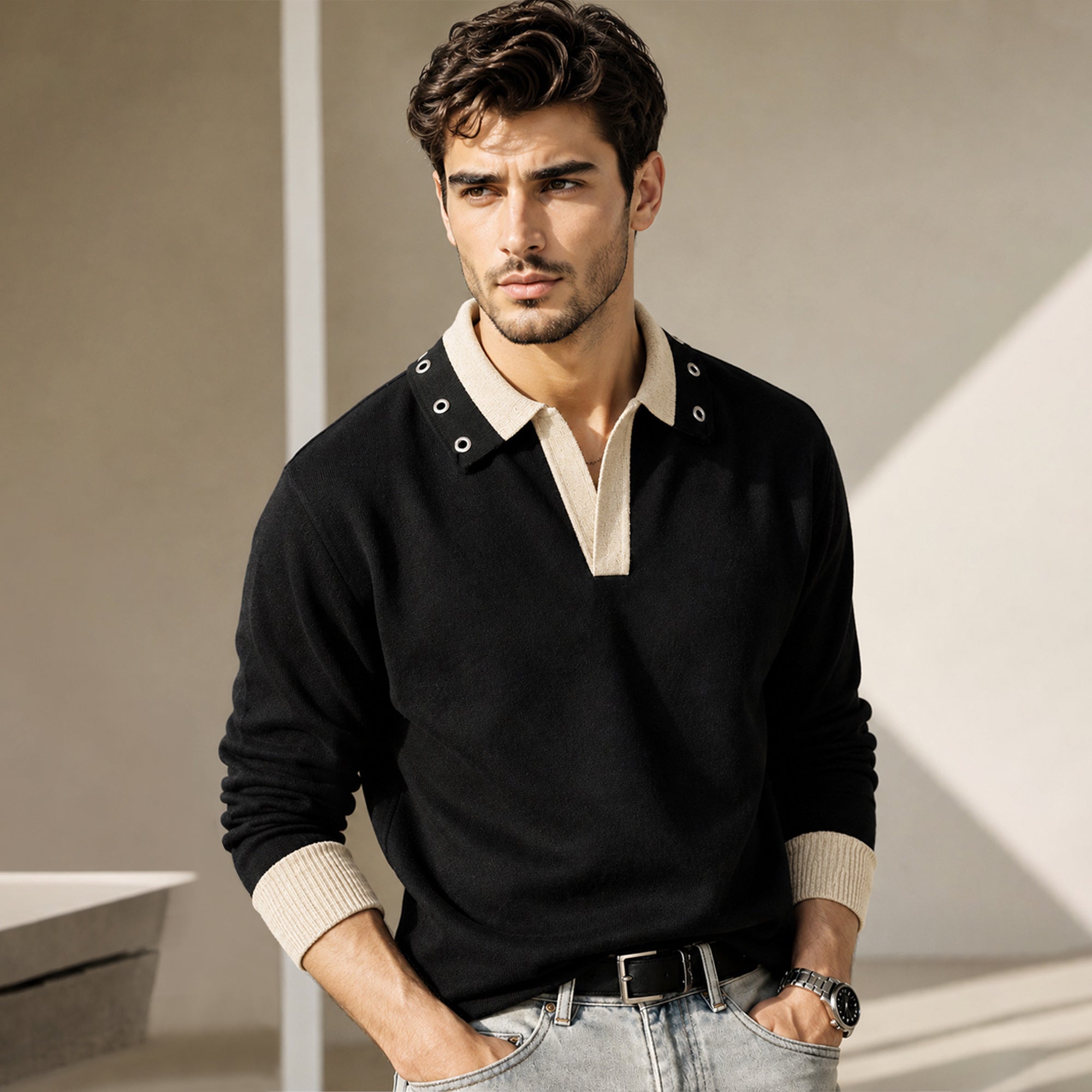 Mens Coloblocked Full Sleeve Polo Sweatshirt Black