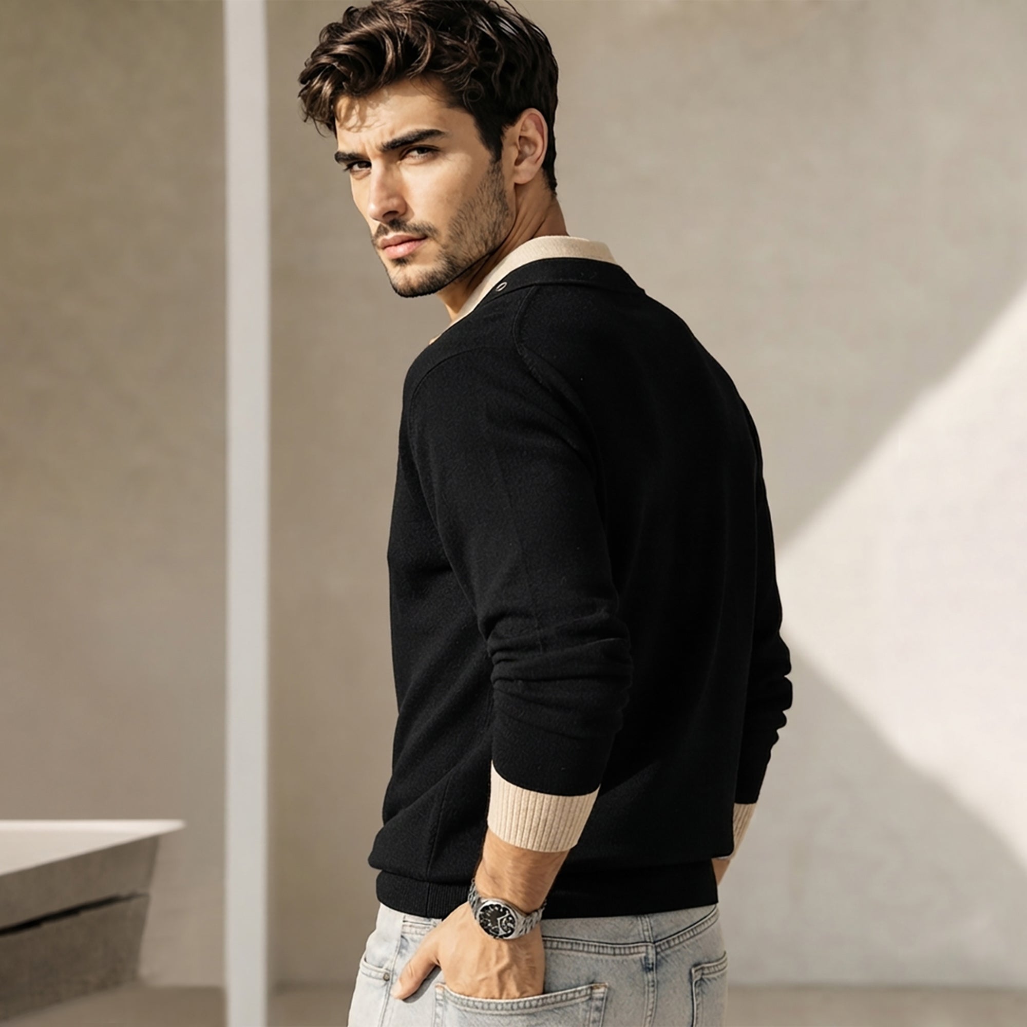 Mens Coloblocked Full Sleeve Polo Sweatshirt Black