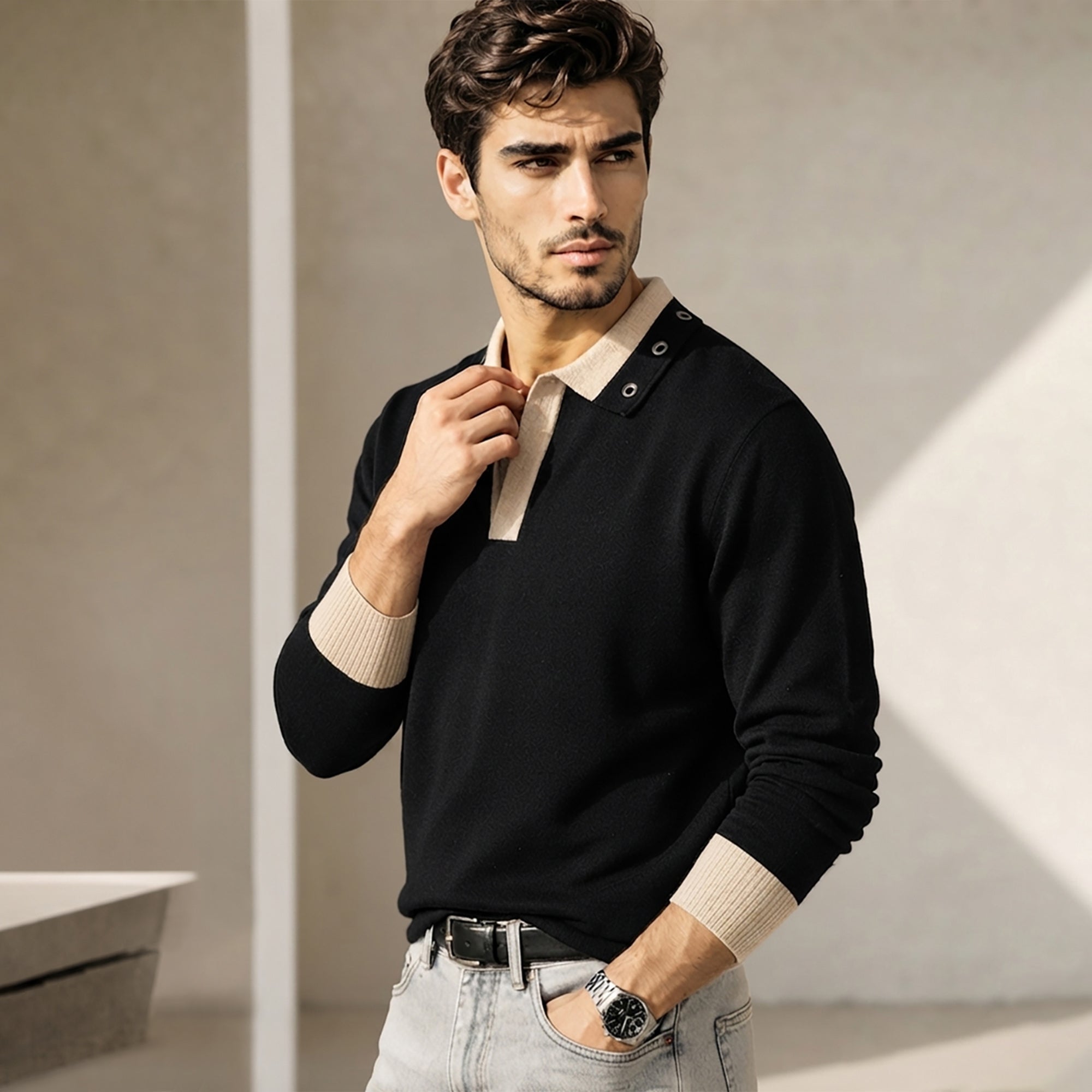 Mens Coloblocked Full Sleeve Polo Sweatshirt Black