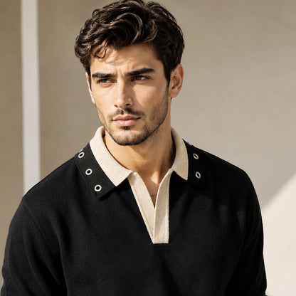 Mens Coloblocked Full Sleeve Polo Sweatshirt Black