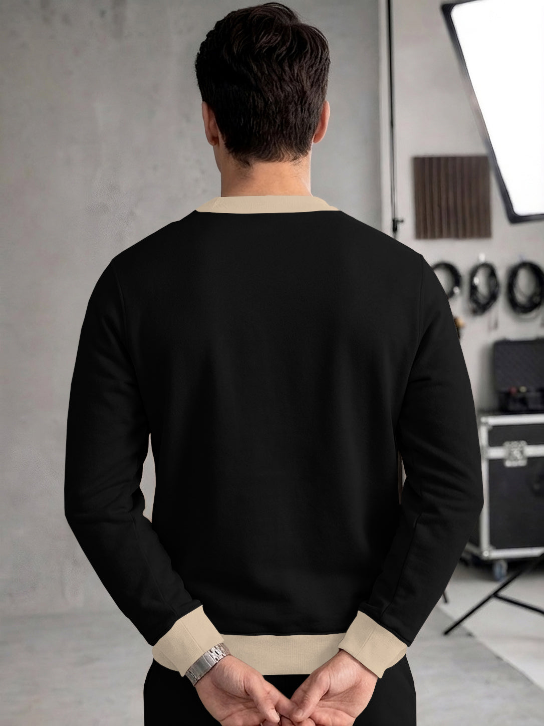 Mens Colorblocked Full Sleeve Round Neck Winter Sweatshirt Black|Beige
