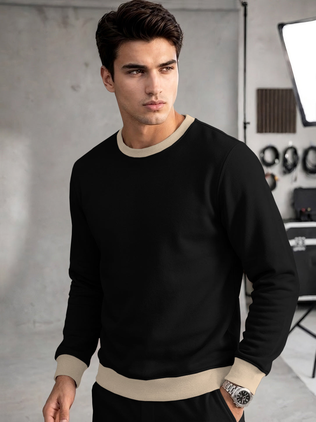 Mens Colorblocked Full Sleeve Round Neck Winter Sweatshirt Black|Beige