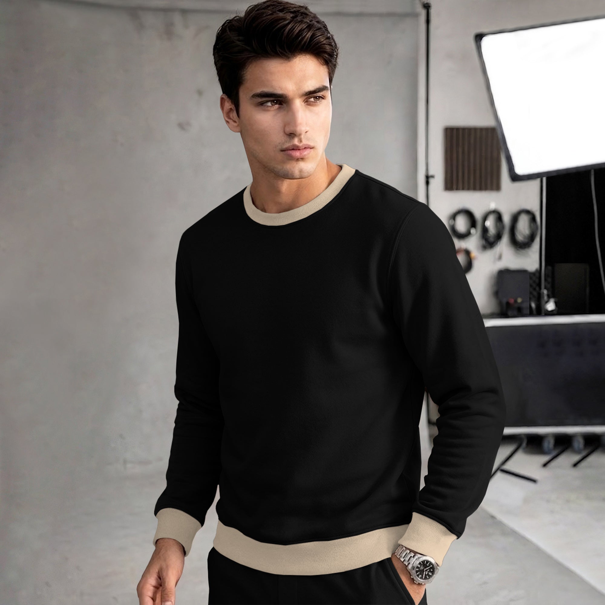 Mens Colorblocked Full Sleeve Round Neck Winter Sweatshirt Black|Beige