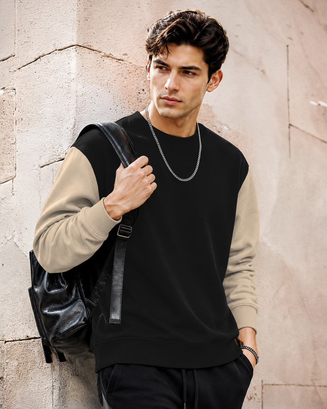 Mens Contrast Sleeve Round Neck Sweatshirt Black