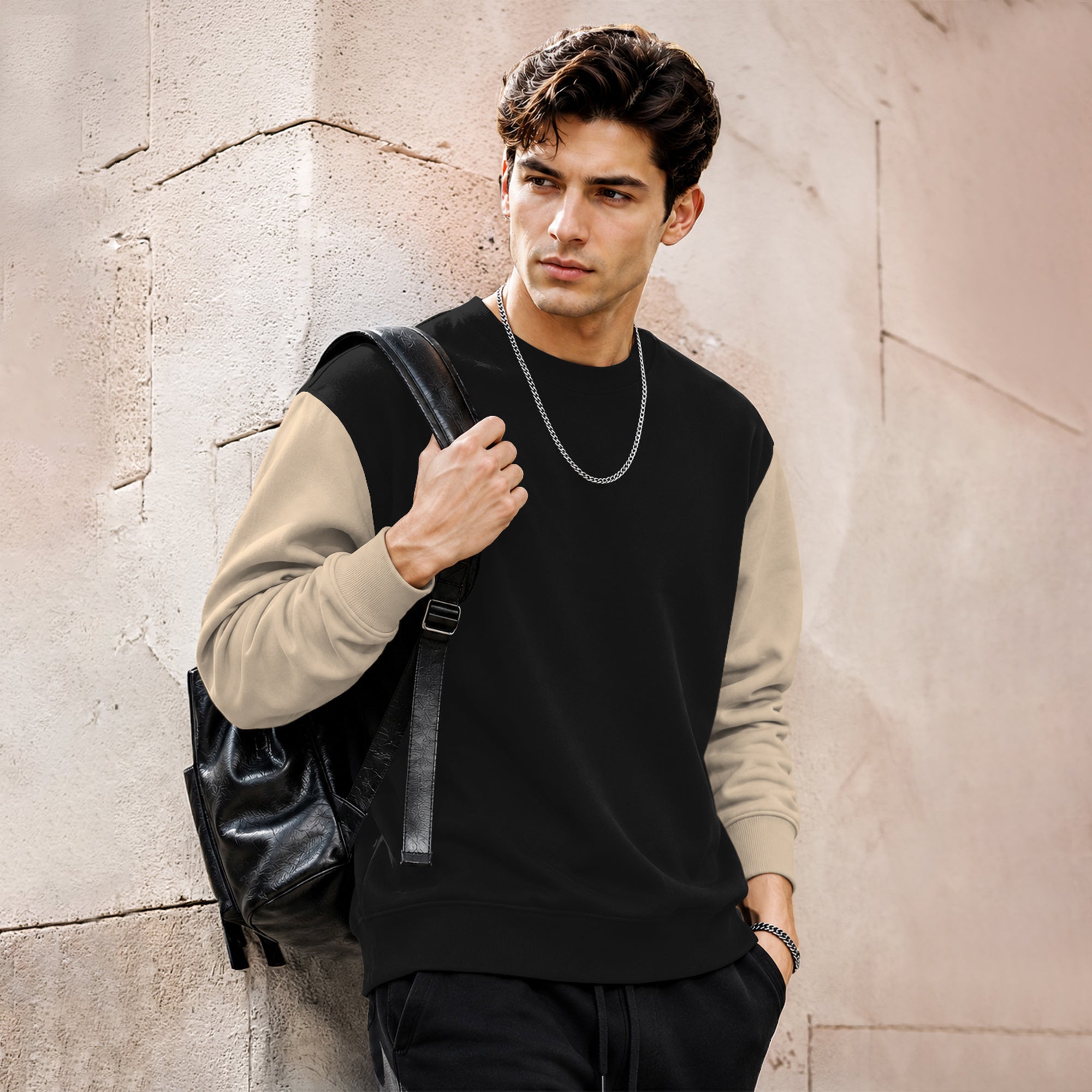 Mens Contrast Sleeve Round Neck Sweatshirt Black