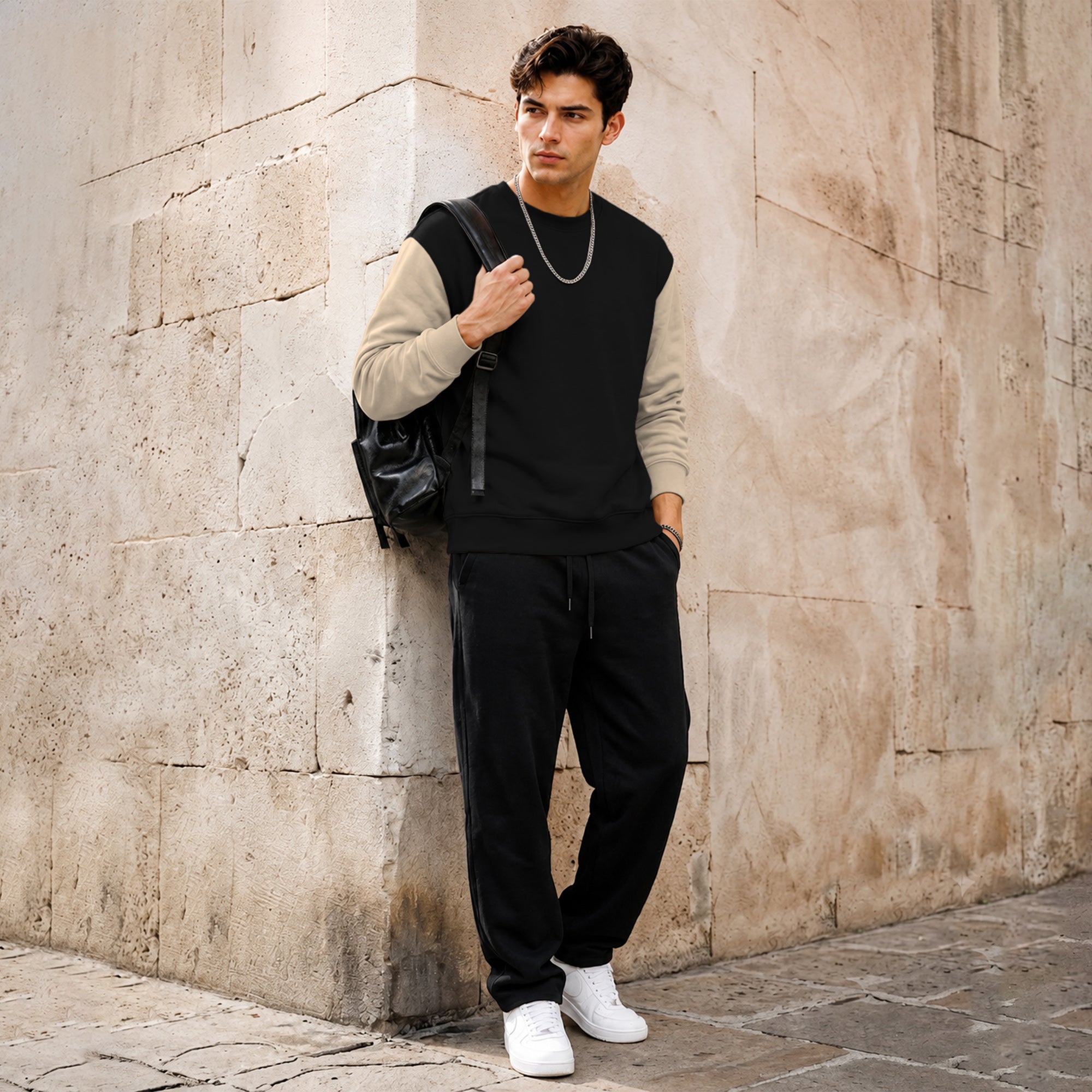 Mens Contrast Sleeve Round Neck Sweatshirt Black