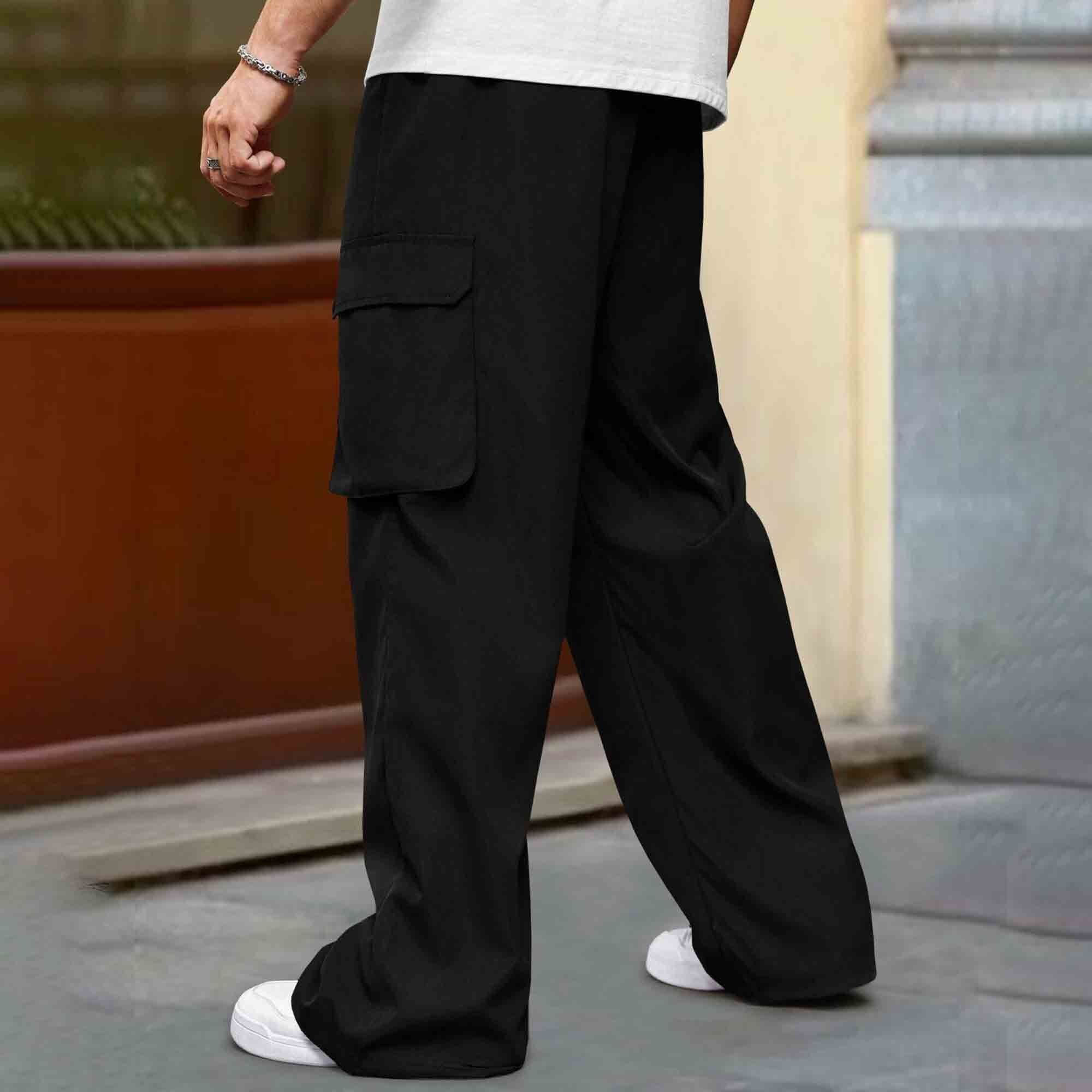 Mens Multi Pockets Plain Baggy fit oversized Cargo Jogger Black