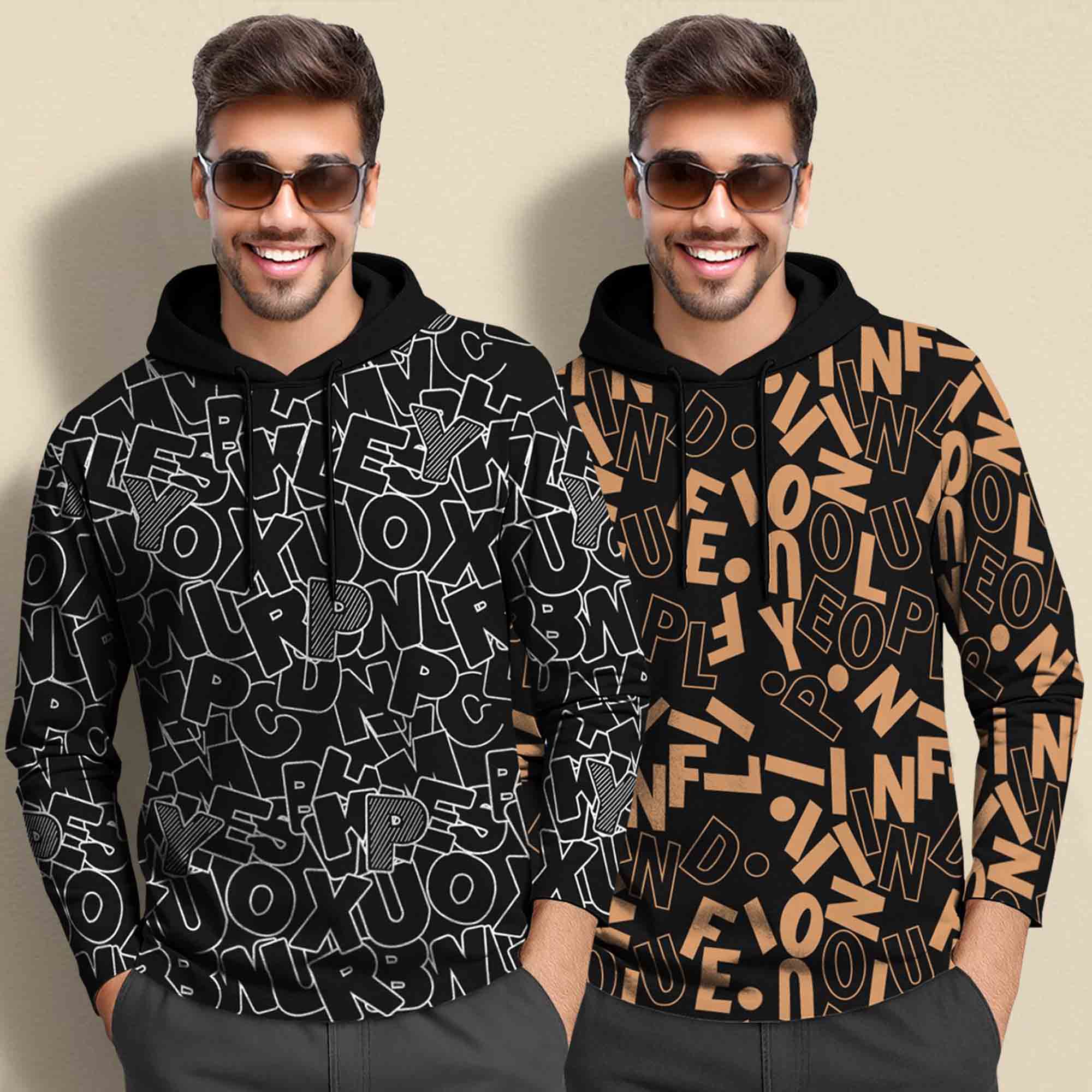 (Pack Of 2) Printed Hooded Full Sleeve T-shirt Black