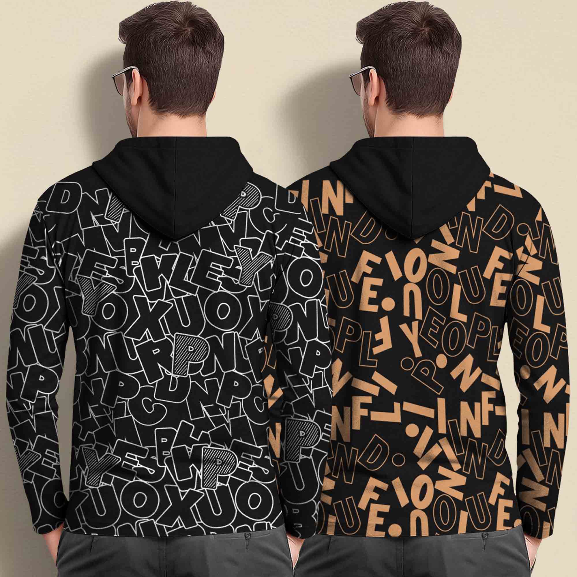 (Pack Of 2) Printed Hooded Full Sleeve T-shirt Black