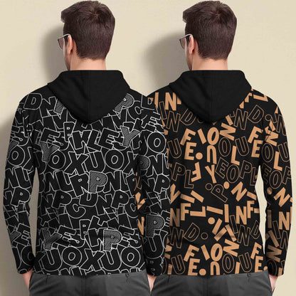 (Pack Of 2) Printed Hooded Full Sleeve T-shirt Black