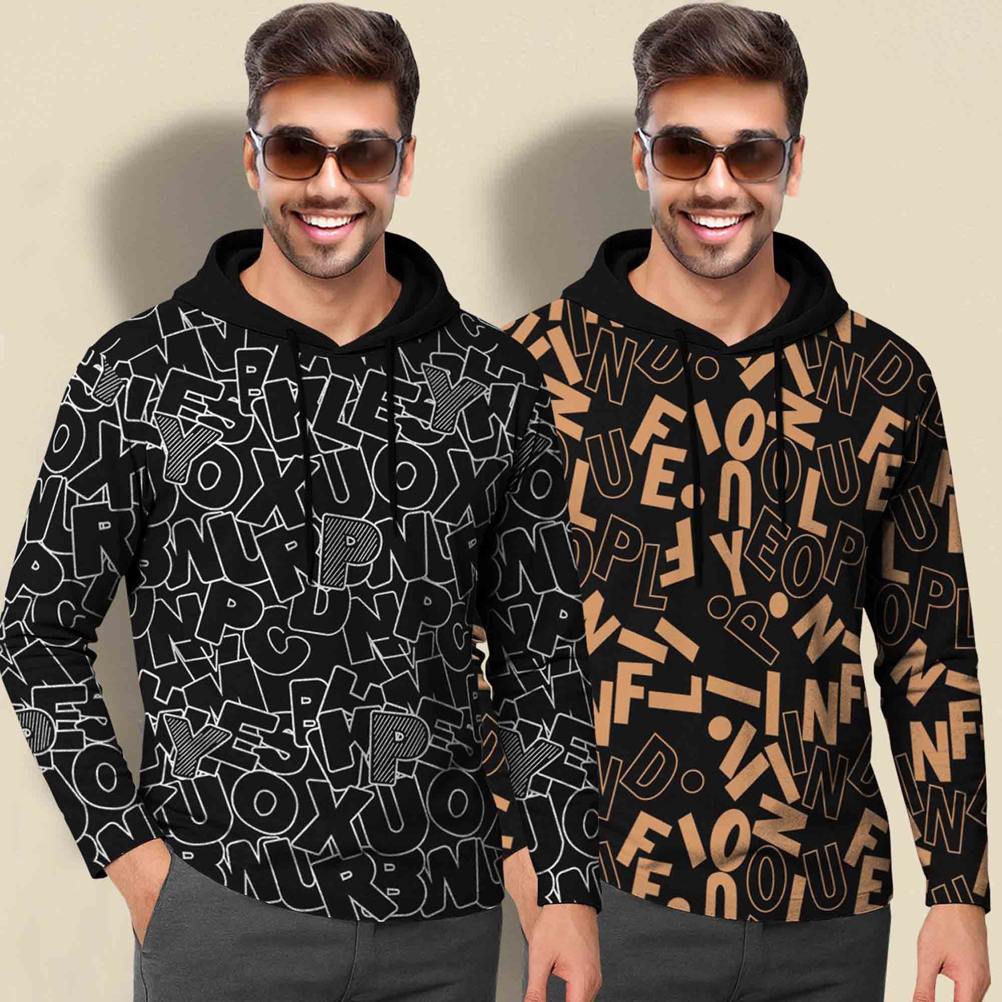 (Pack Of 2) Printed Hooded Full Sleeve T-shirt Black