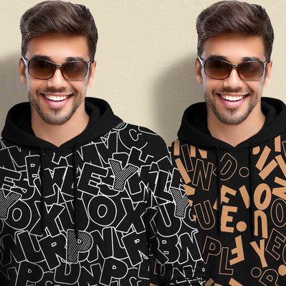 (Pack Of 2) Printed Hooded Full Sleeve T-shirt Black