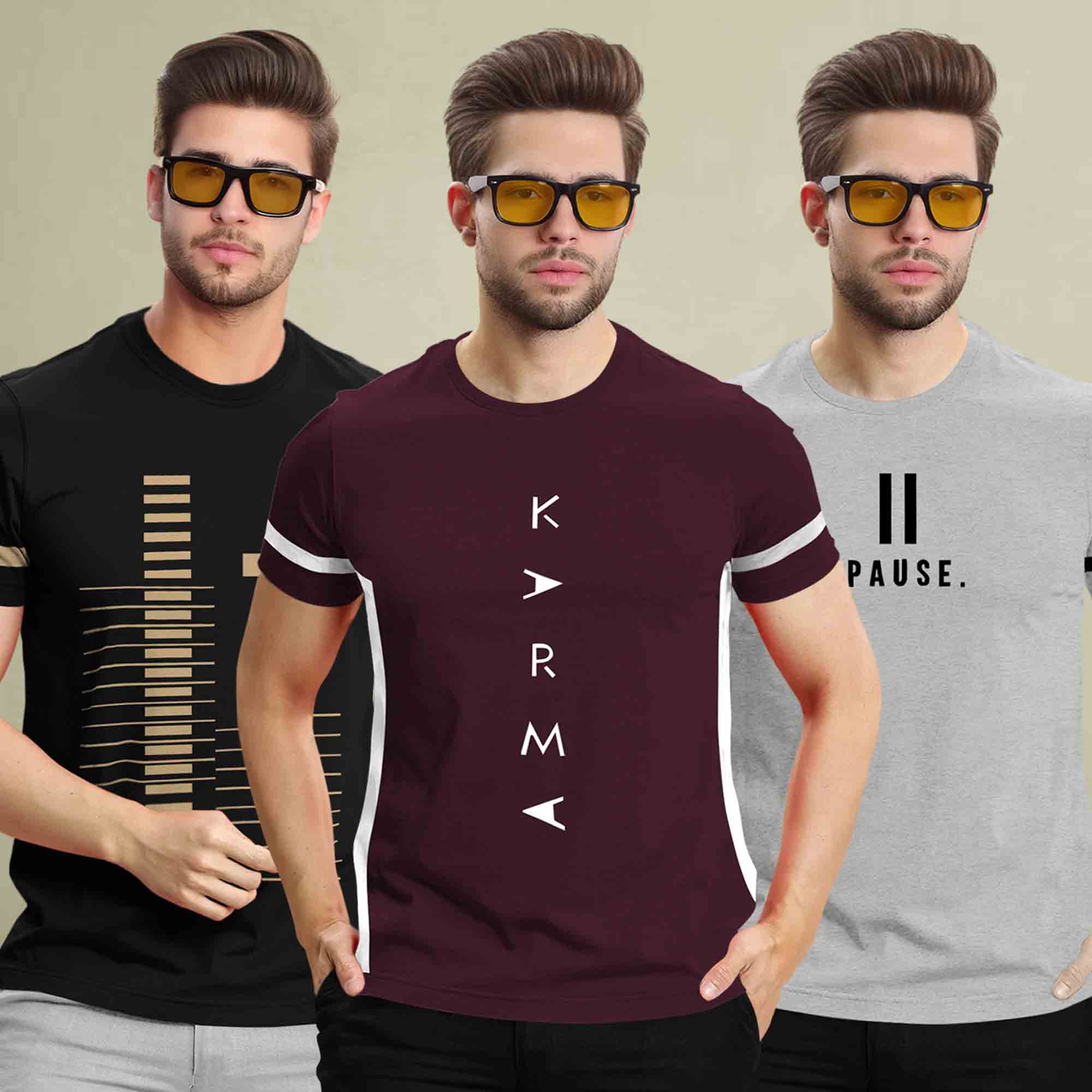 (Pack Of 3) Printed Half Sleeve Tshirts- 12 Variants
