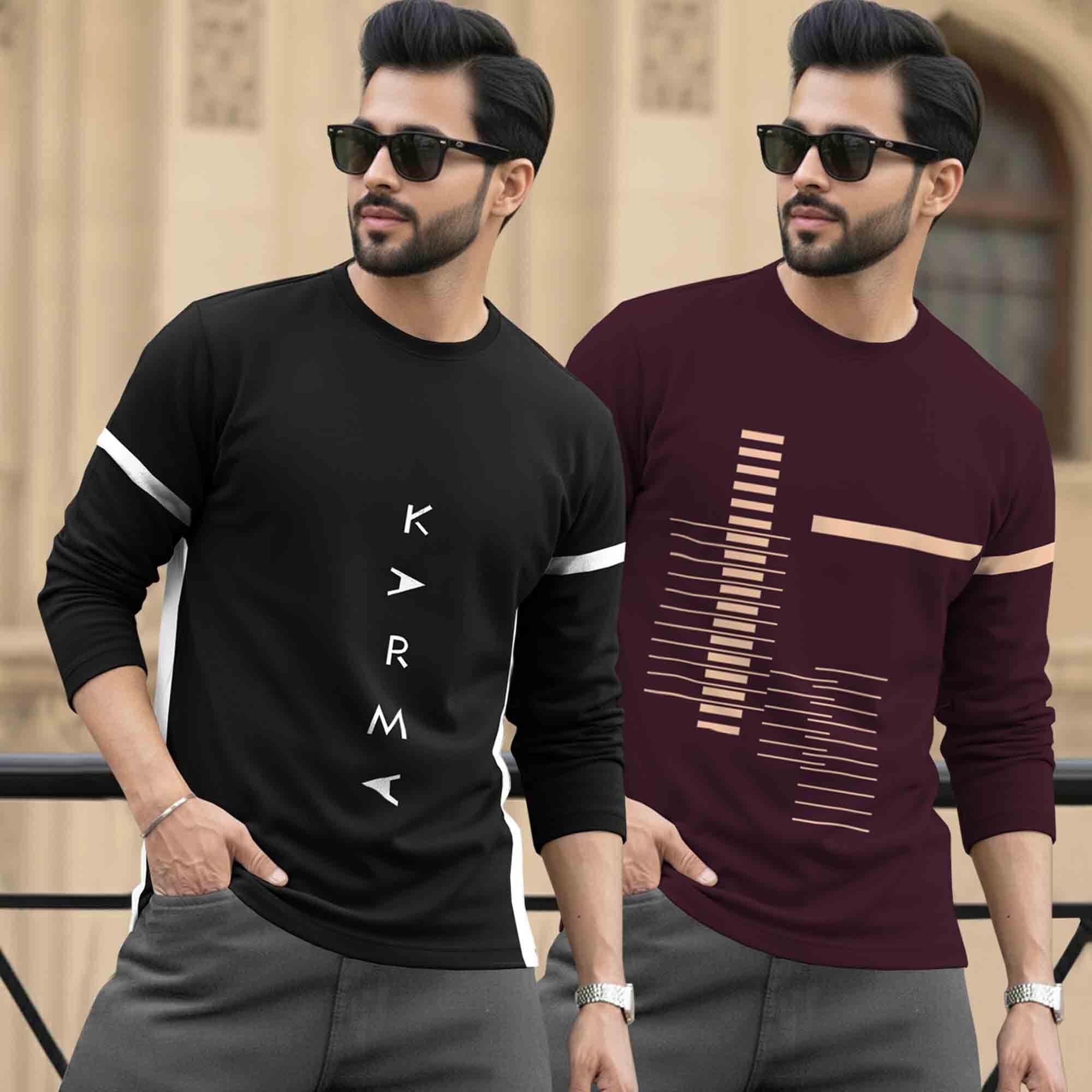 (Pack Of 2) Mens Full Sleeve Round Neck Printed T-shirts Black & Maroon