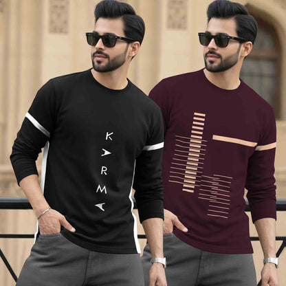 (Pack Of 2) Mens Full Sleeve Round Neck Printed T-shirts Black & Maroon