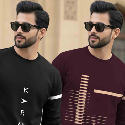 (Pack Of 2) Mens Full Sleeve Round Neck Printed T-shirts Black & Maroon