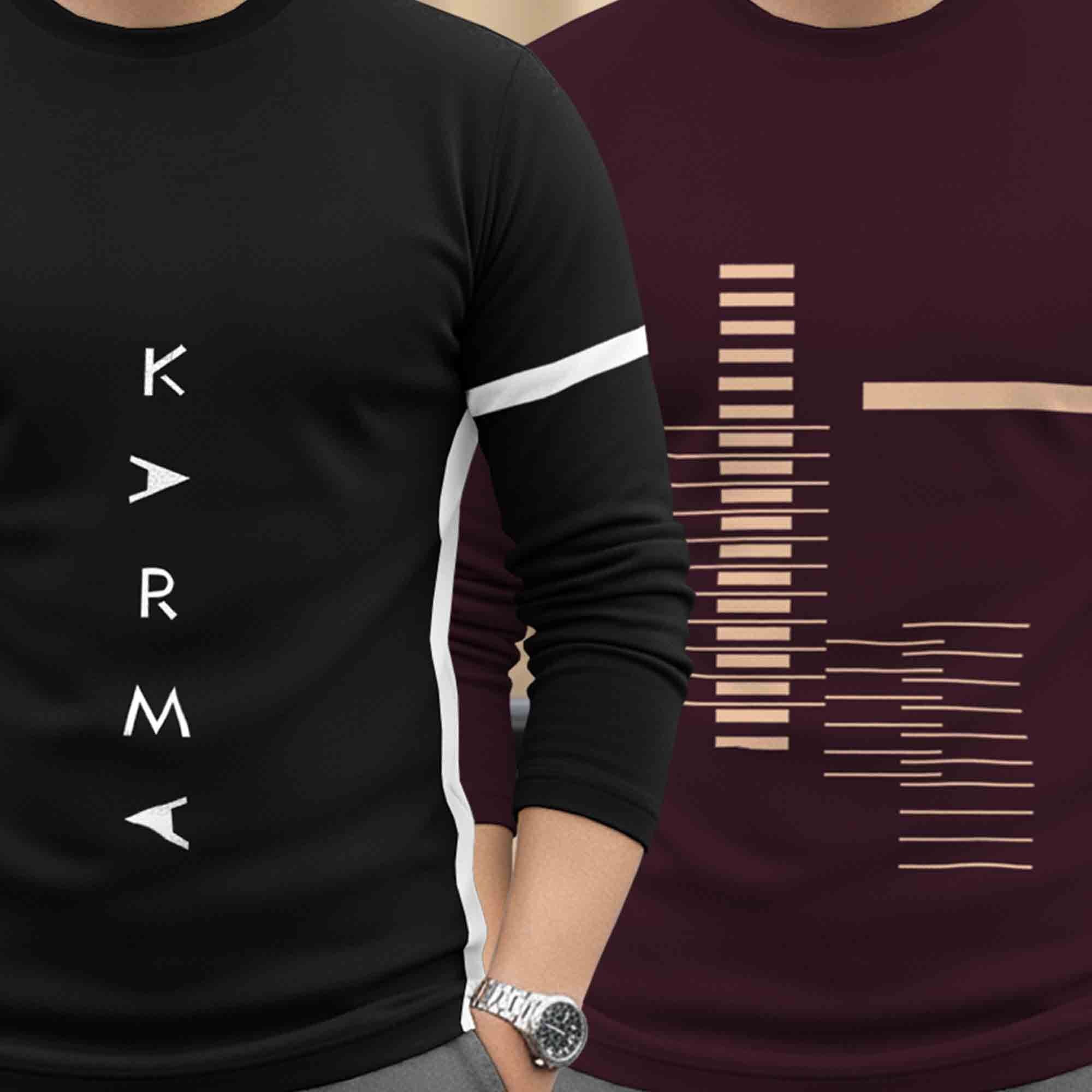 (Pack Of 2) Mens Full Sleeve Round Neck Printed T-shirts Black & Maroon