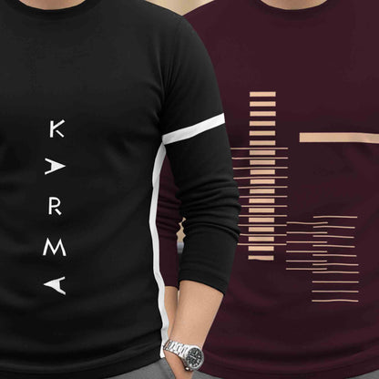 (Pack Of 2) Mens Full Sleeve Round Neck Printed T-shirts Black & Maroon