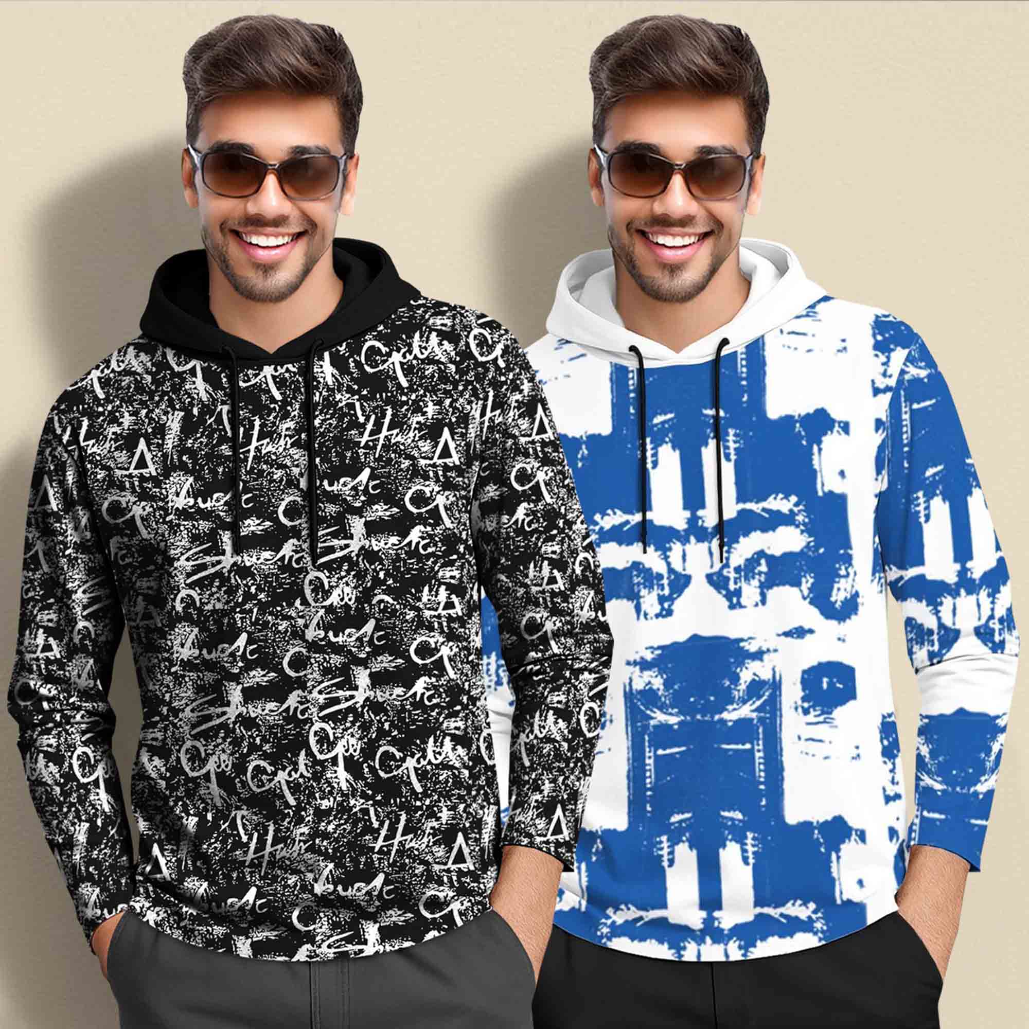 (Pack Of 2) Printed Hooded Full Sleeve T-shirt Black & White