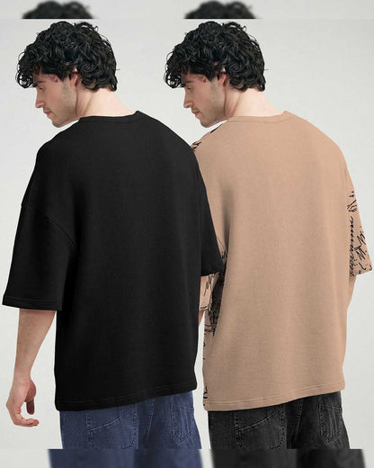 (Pack Of 2) Black & Beige Men Printed Oversized T-shirts