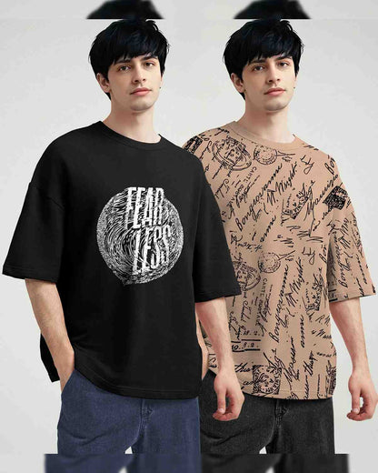 (Pack Of 2) Black & Beige Men Printed Oversized T-shirts
