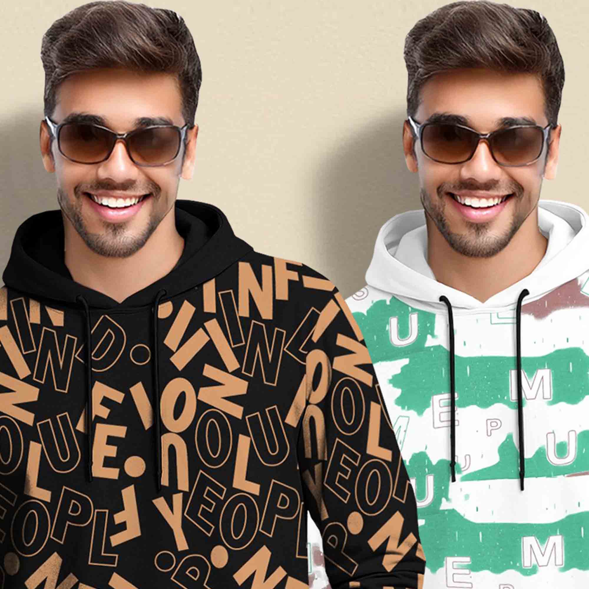 (Pack Of 2) Printed Hooded Full Sleeve T-shirt Black & White