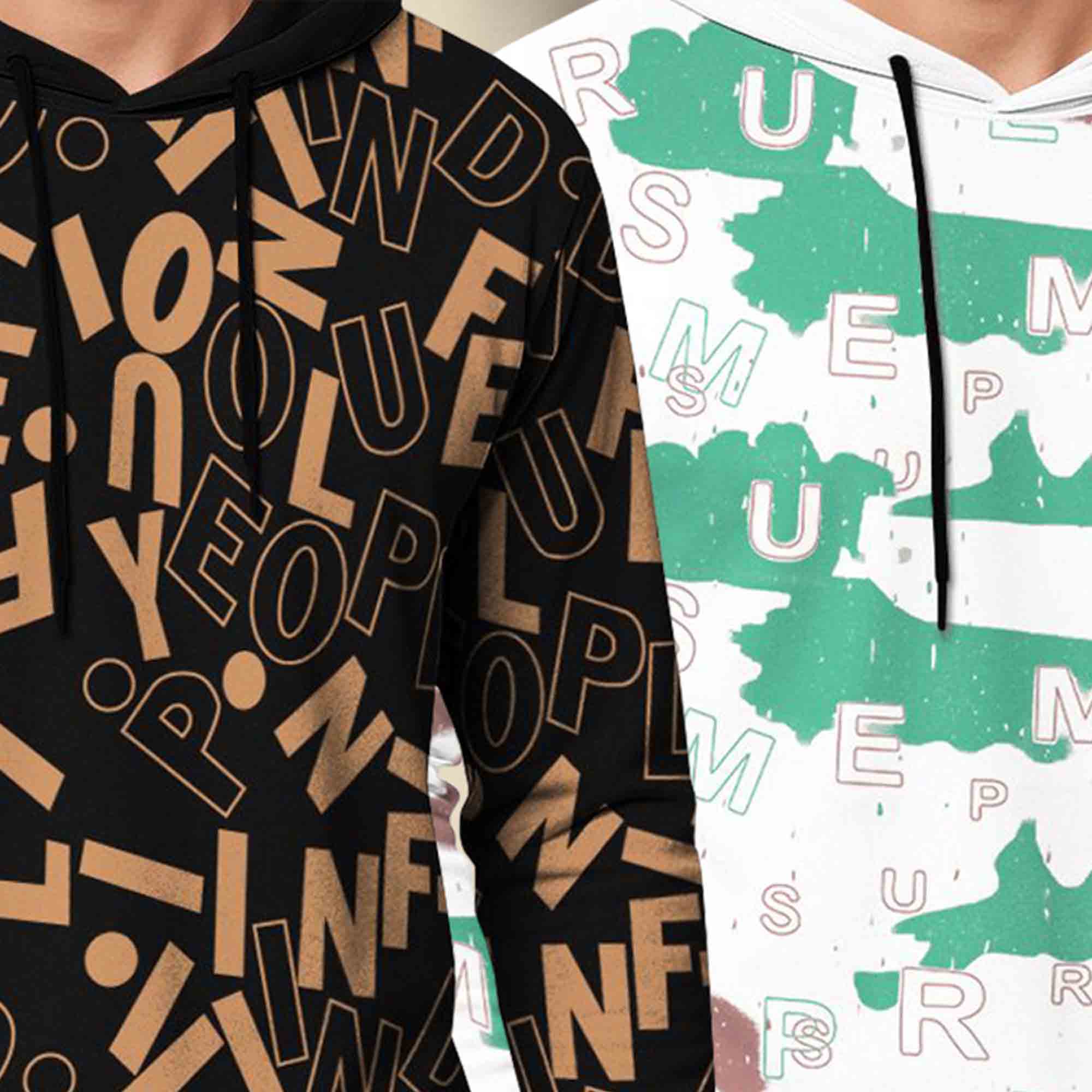 (Pack Of 2) Printed Hooded Full Sleeve T-shirt Black & White