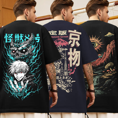 (Pack Of 3) Mens Oversized Graphic Design Back Printed T-Shirts