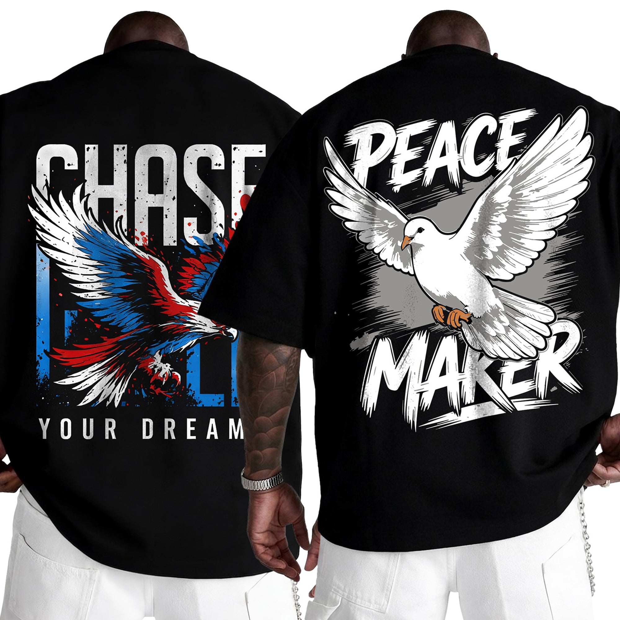 (Pack Of 2) Mens Oversized Graphic Design Back Printed T-Shirts