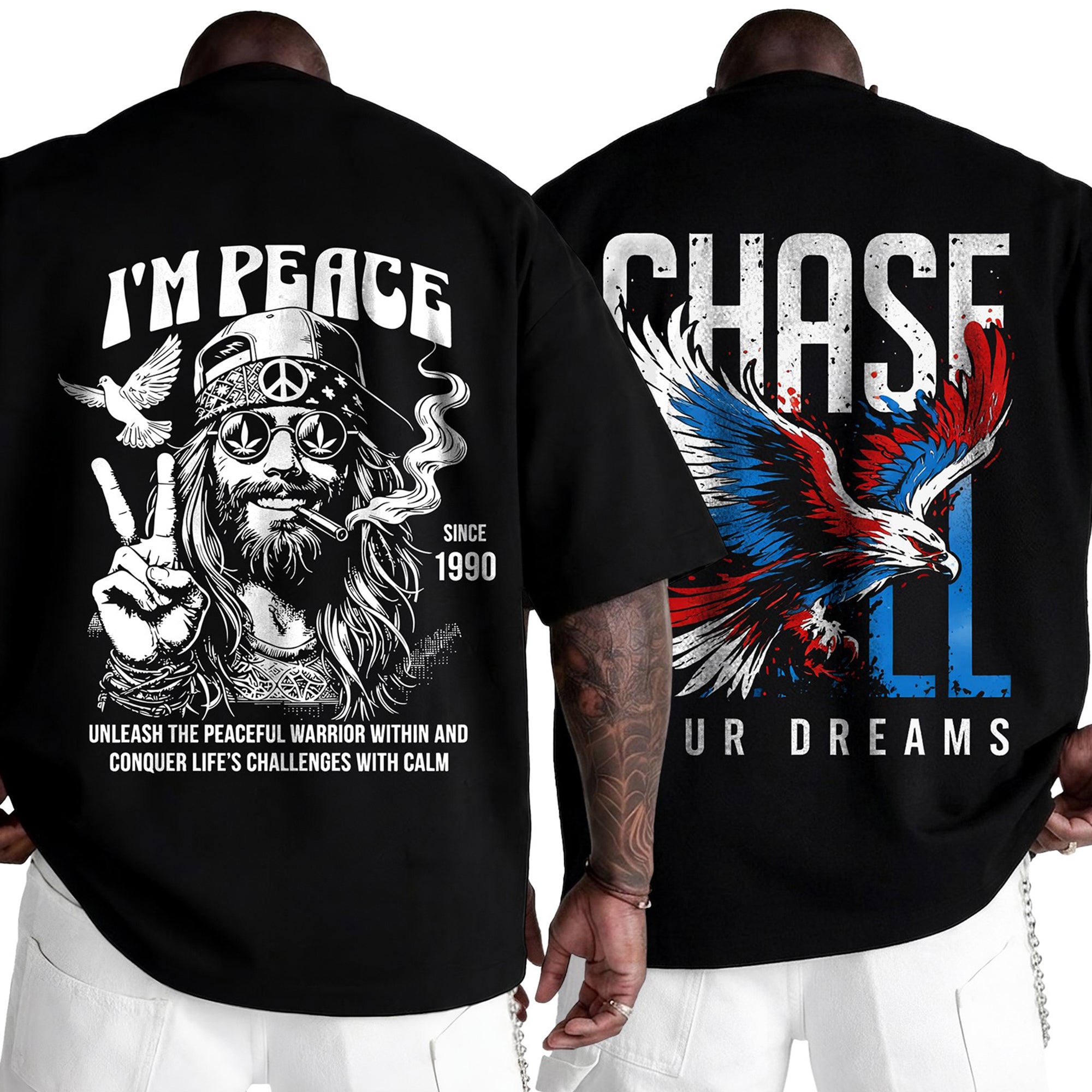 (Pack Of 2) Mens Oversized Graphic Design Back Printed T-Shirts
